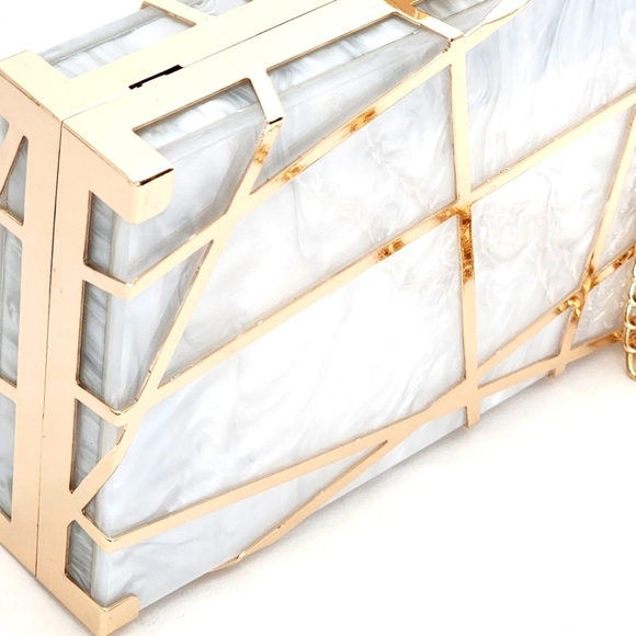 Firenze K Stunning Evening White Acrylic Gold Metal Frame Clutch - Picture 4 of 11